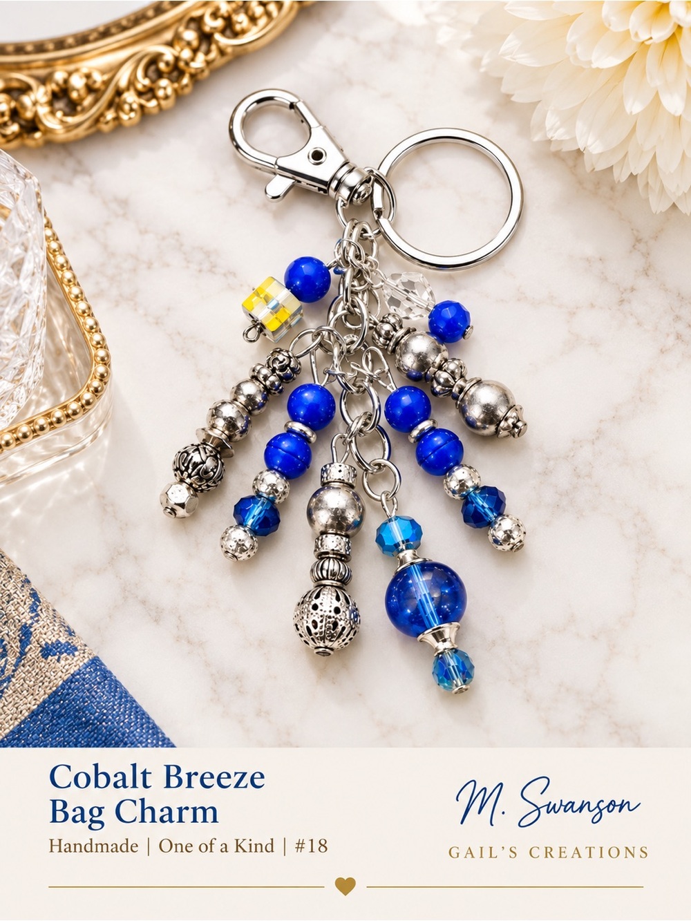 NEW One of a Kind Cobalt Breeze Handmade Beaded Bag Charm Keychain (#18)